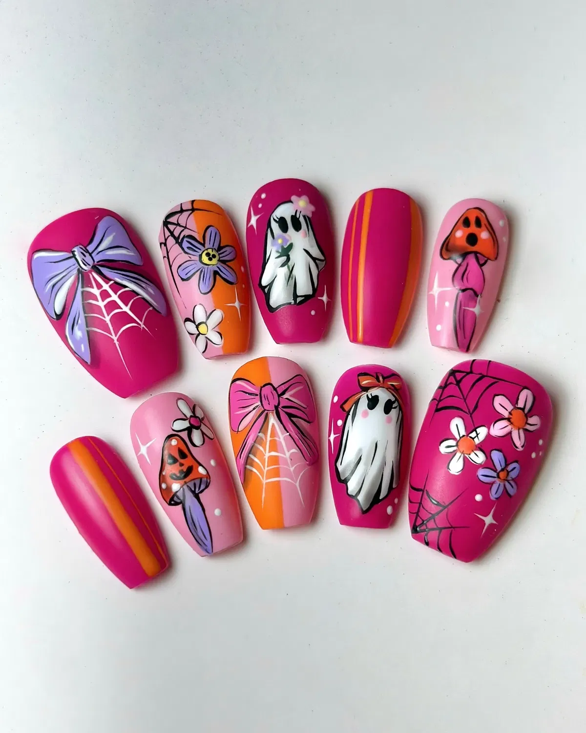 Illustrated Pink Press-On Set with Ghosts, Bows, and Mushrooms