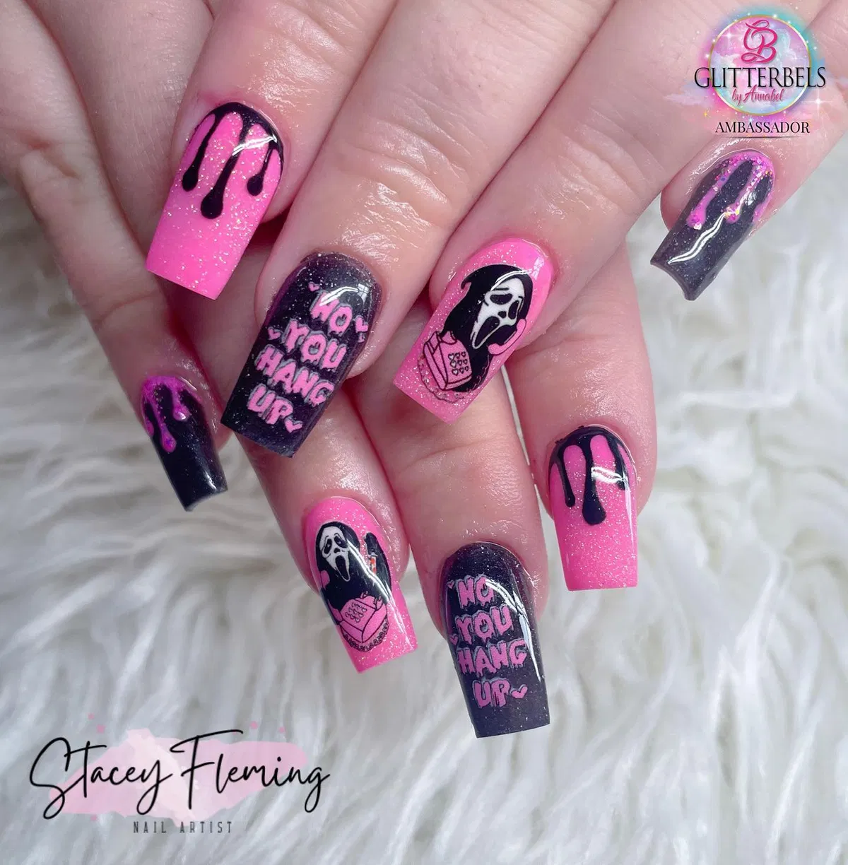 Pink-and-Black Drips with Text Nails