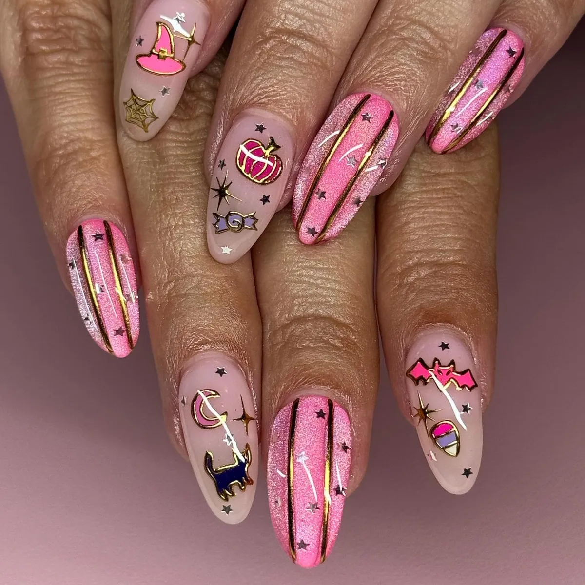 Nude-and-Pink Shimmer with Gold-Outlined Halloween Icons