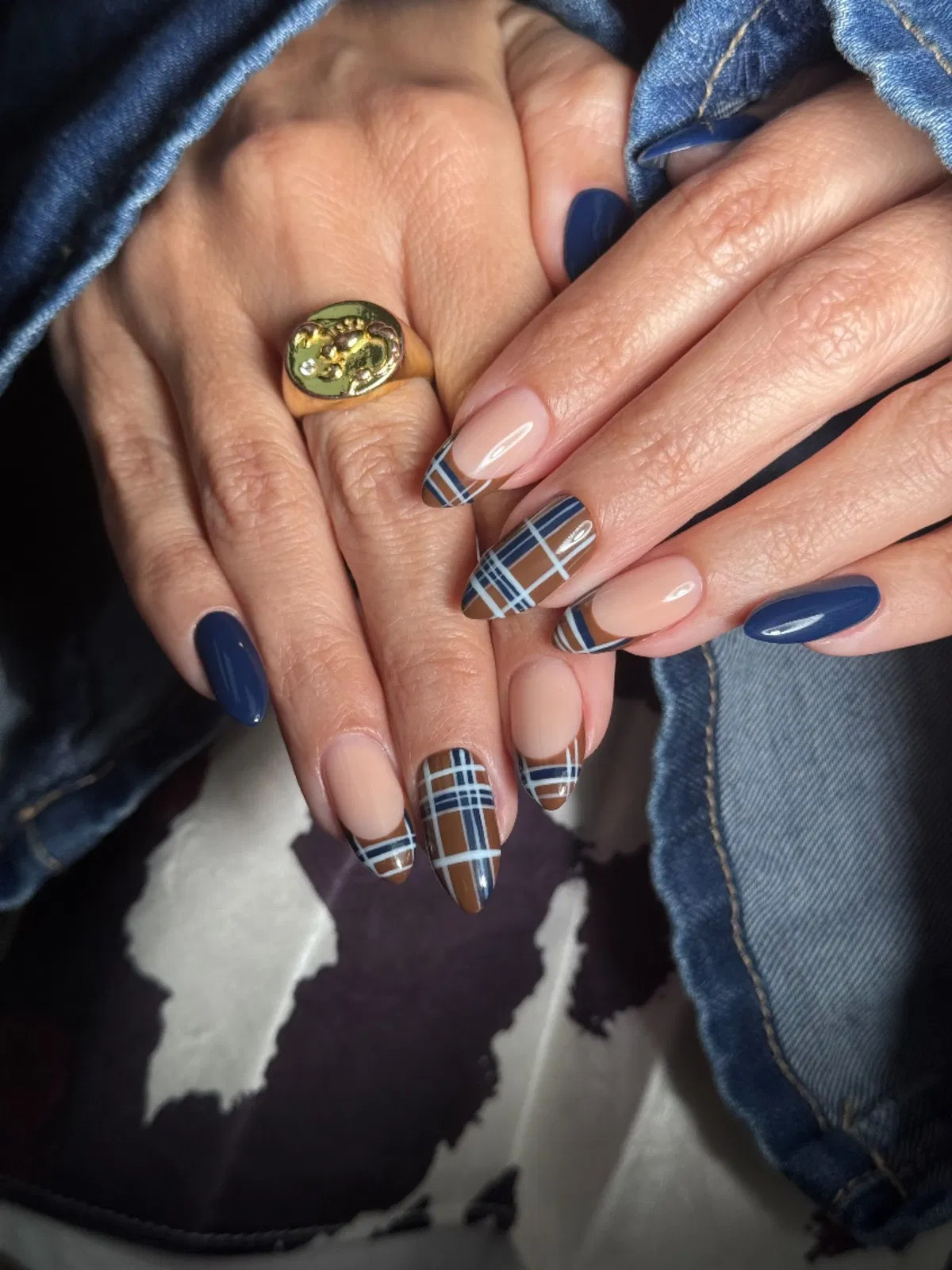 Nude nails with brown-and-blue plaid French tips