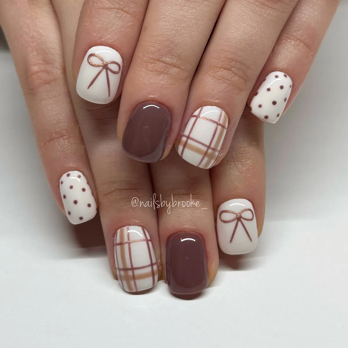 White plaid with rose-gold glitter bows and taupe solids
