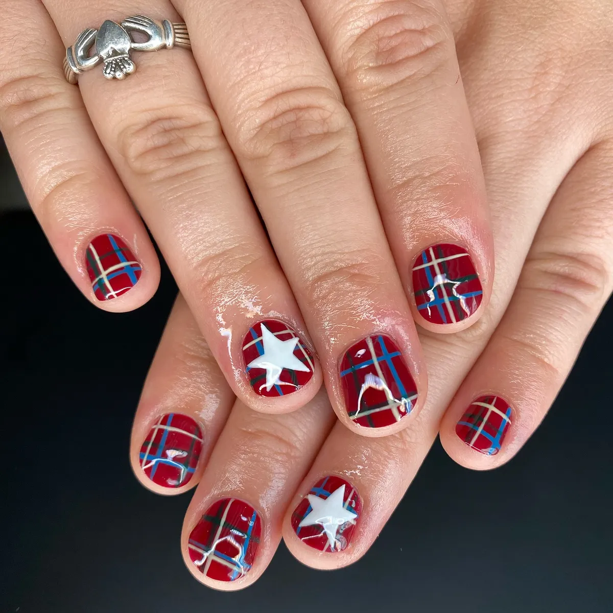 Red plaid with raised white star accents