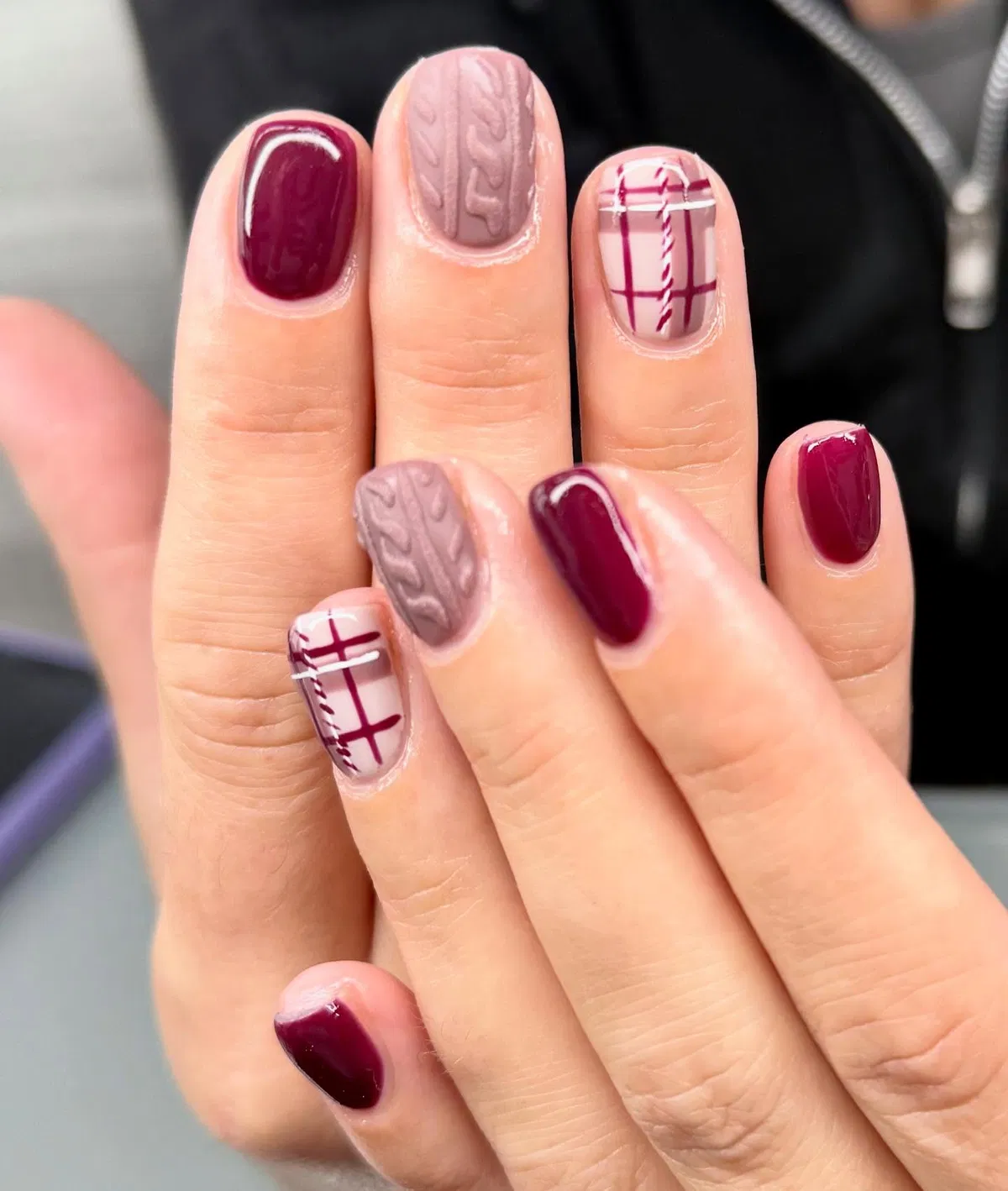 Burgundy plaid with textured taupe accents