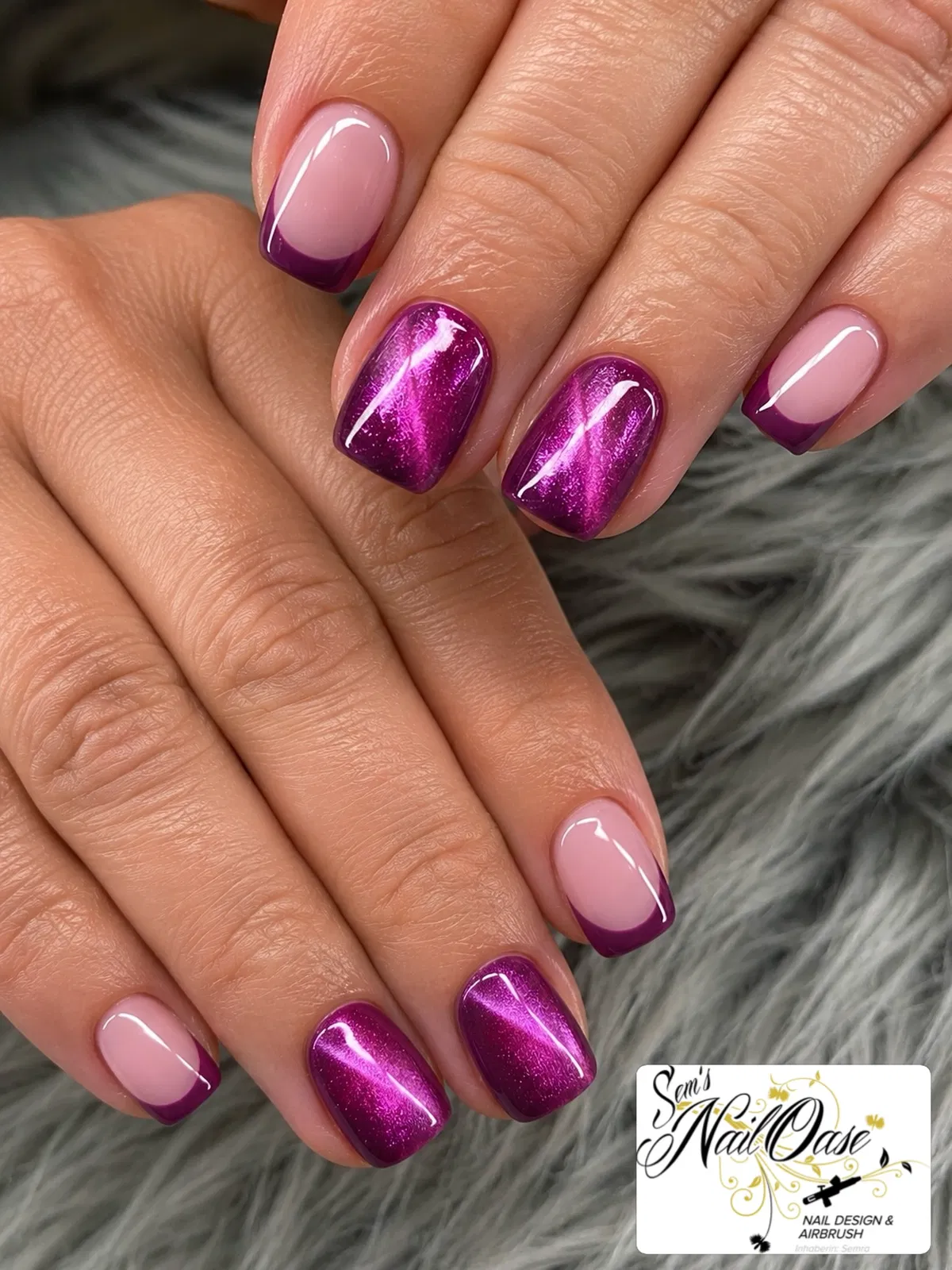 Square nails with purple French tips and bright magenta shimmer