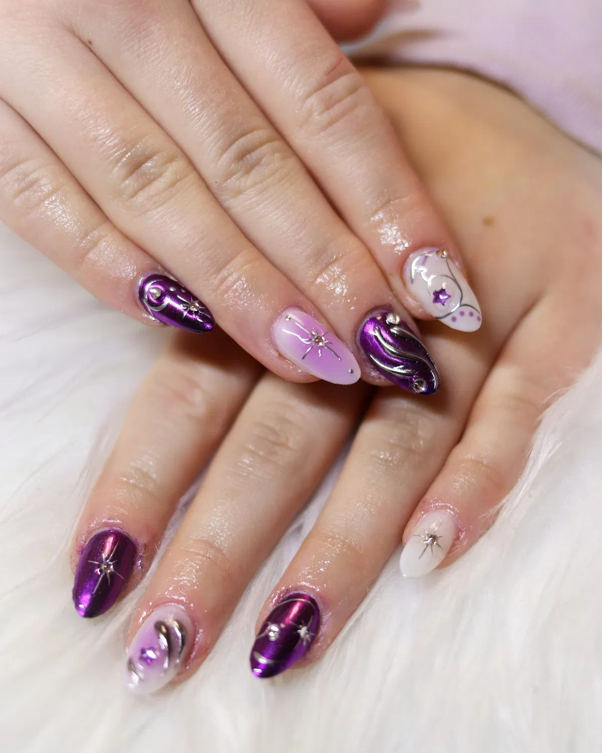 Metallic plum with silver swirls and star accents