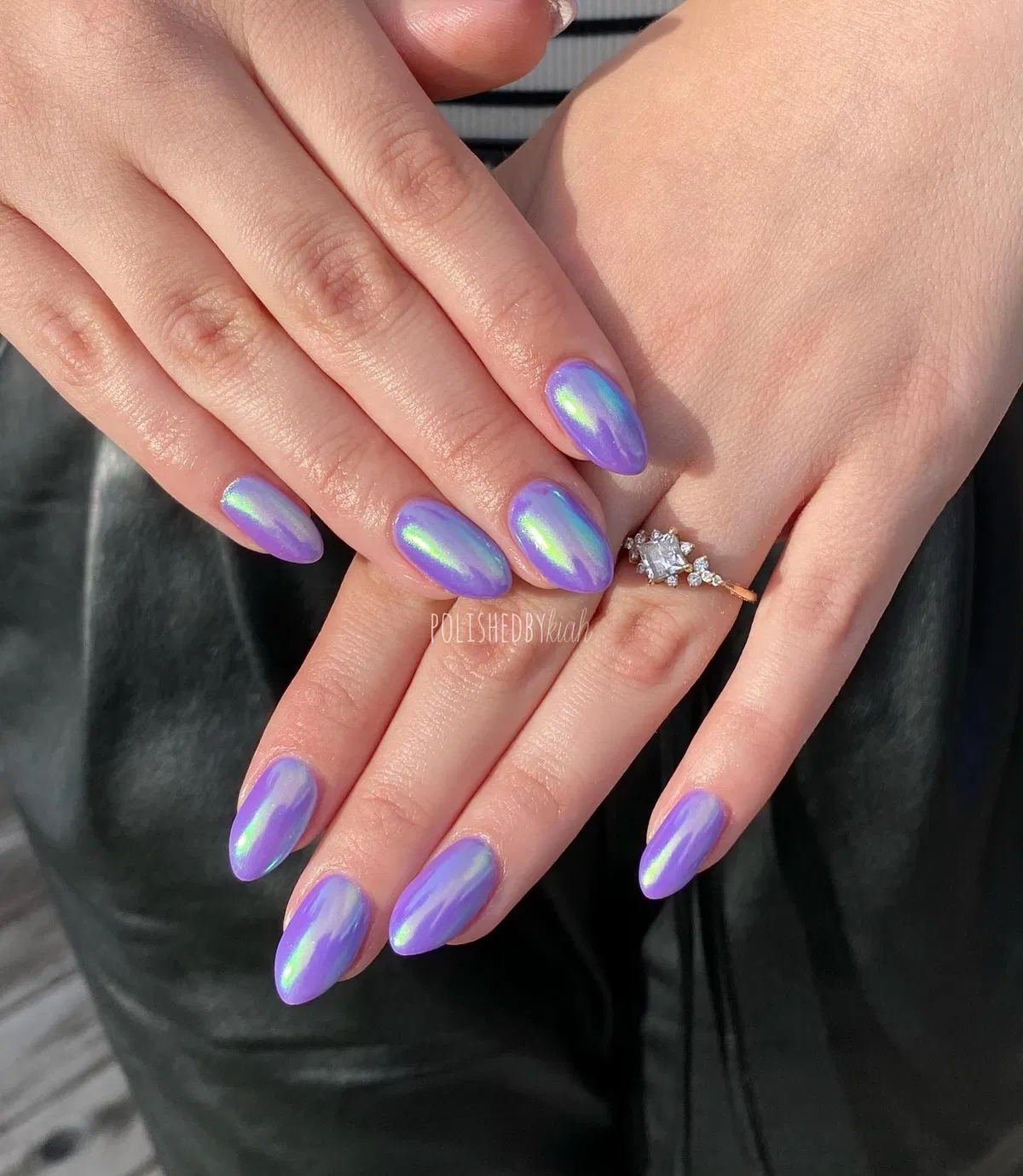 Lavender nails with iridescent green-blue sheen