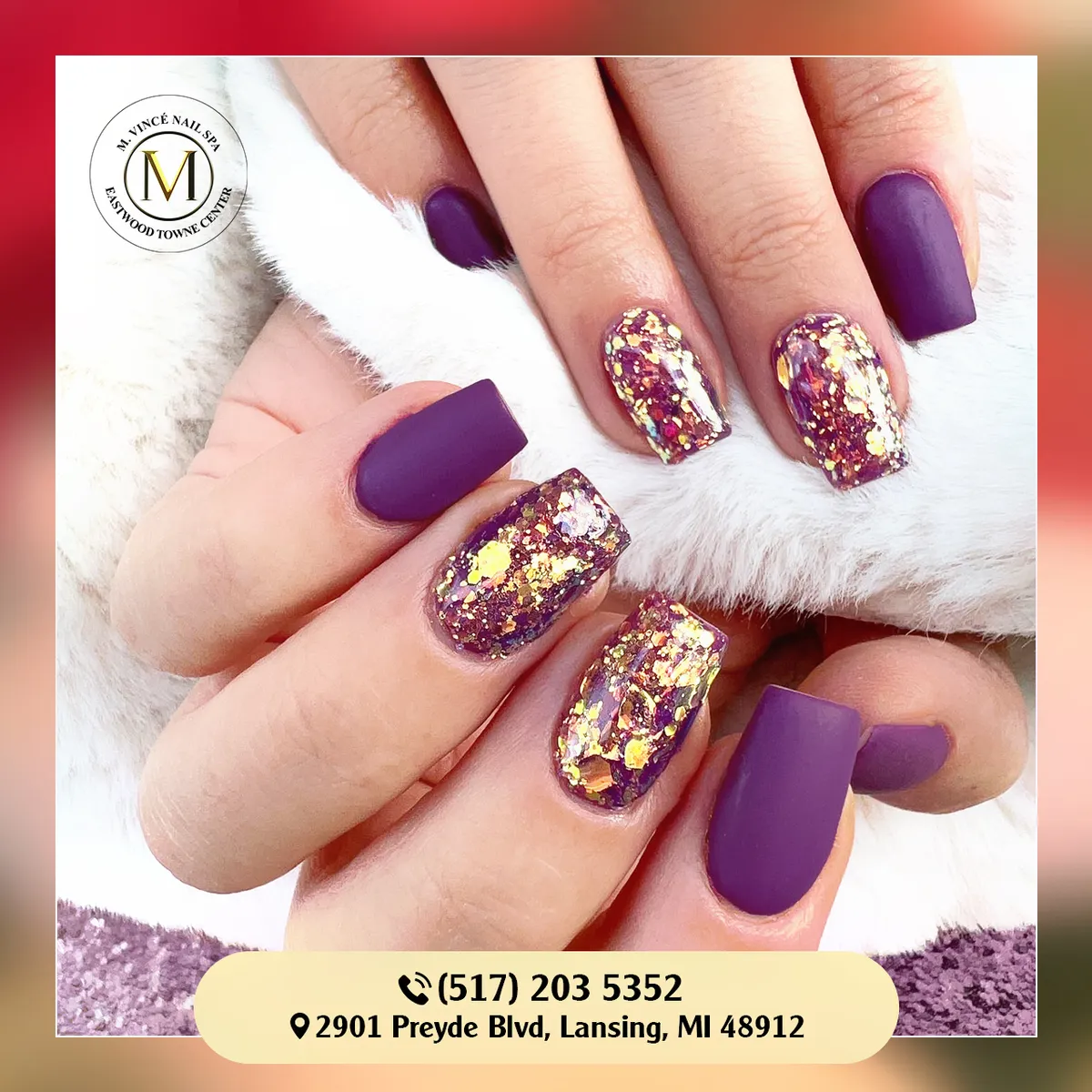 Matte plum with gold-flake glitter accents
