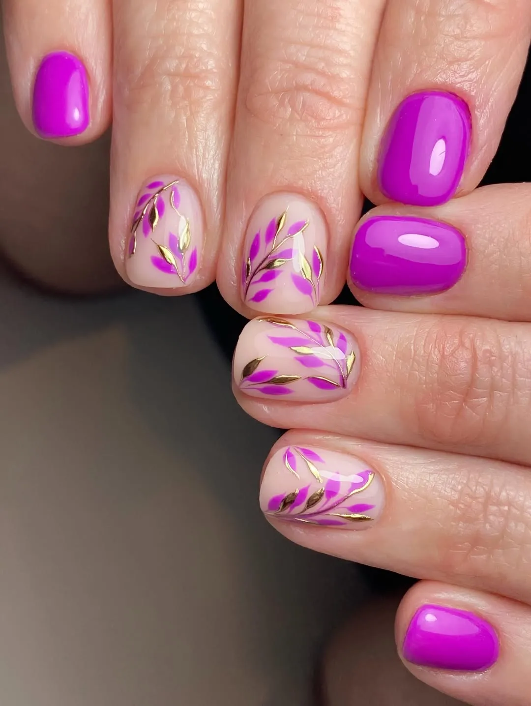Glossy magenta with gold-and-purple leaf accents