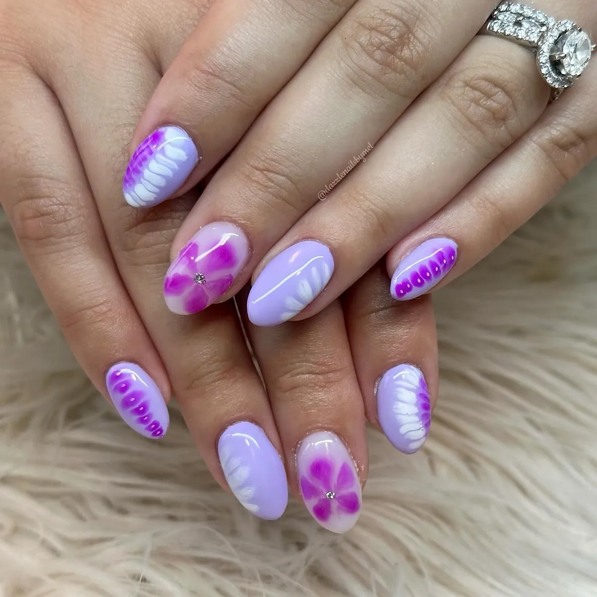 Lavender base with purple floral accents and dotted details