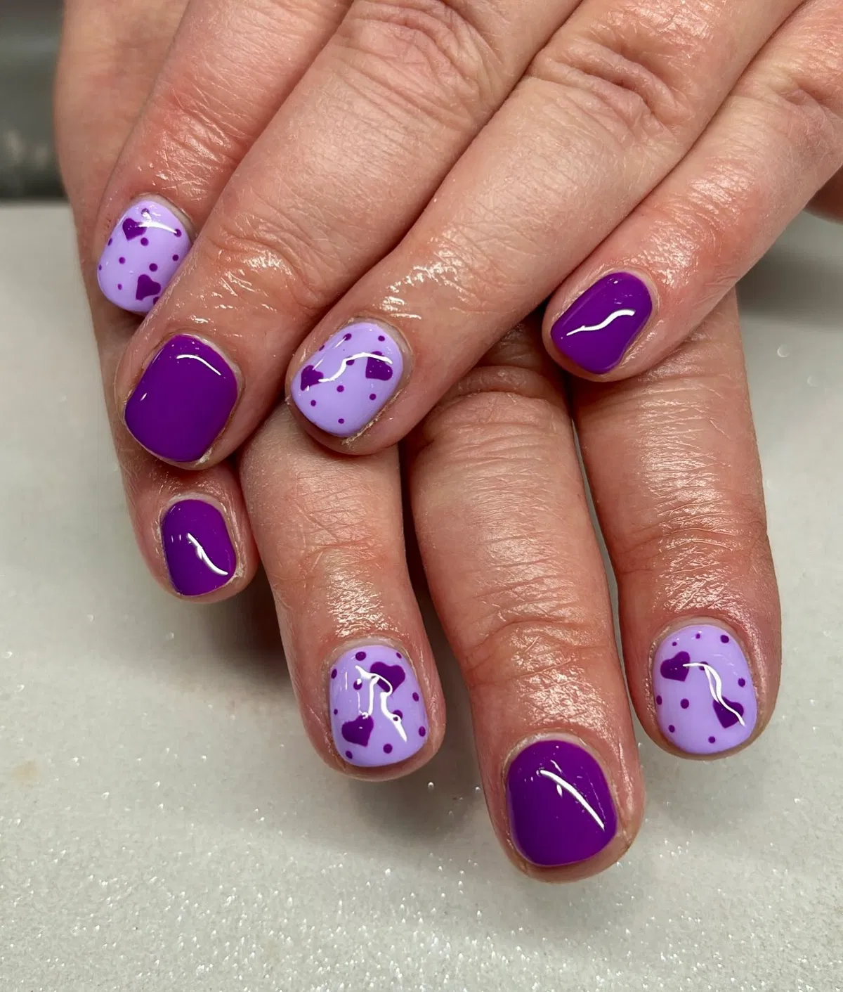 Deep purple solids with lavender heart-and-dot accents