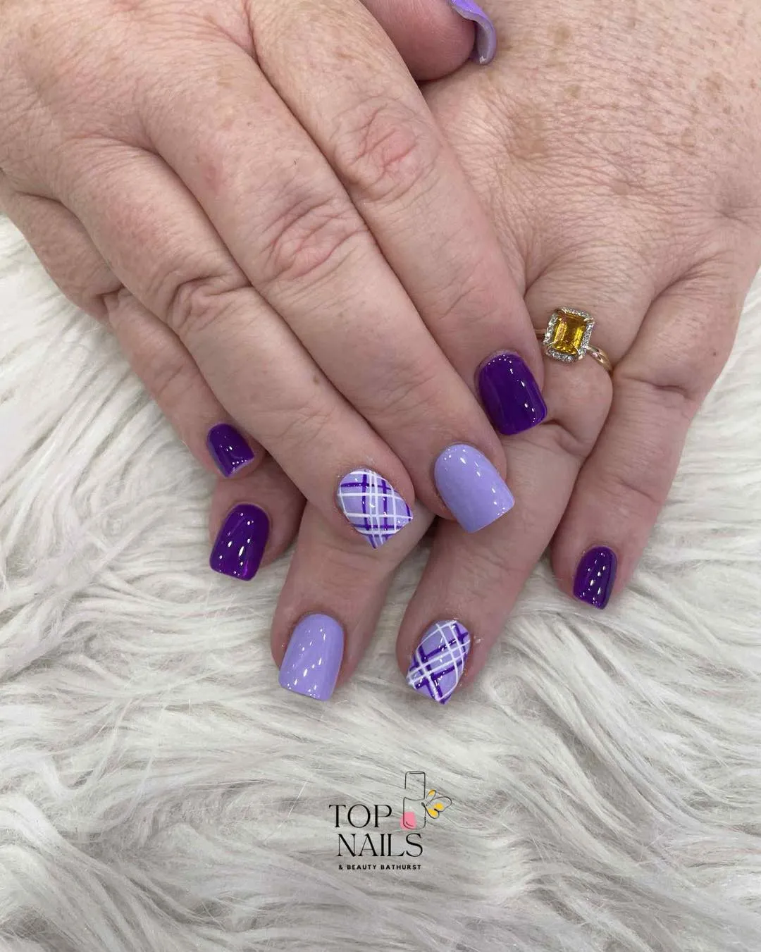 Deep purple and lavender with plaid accents