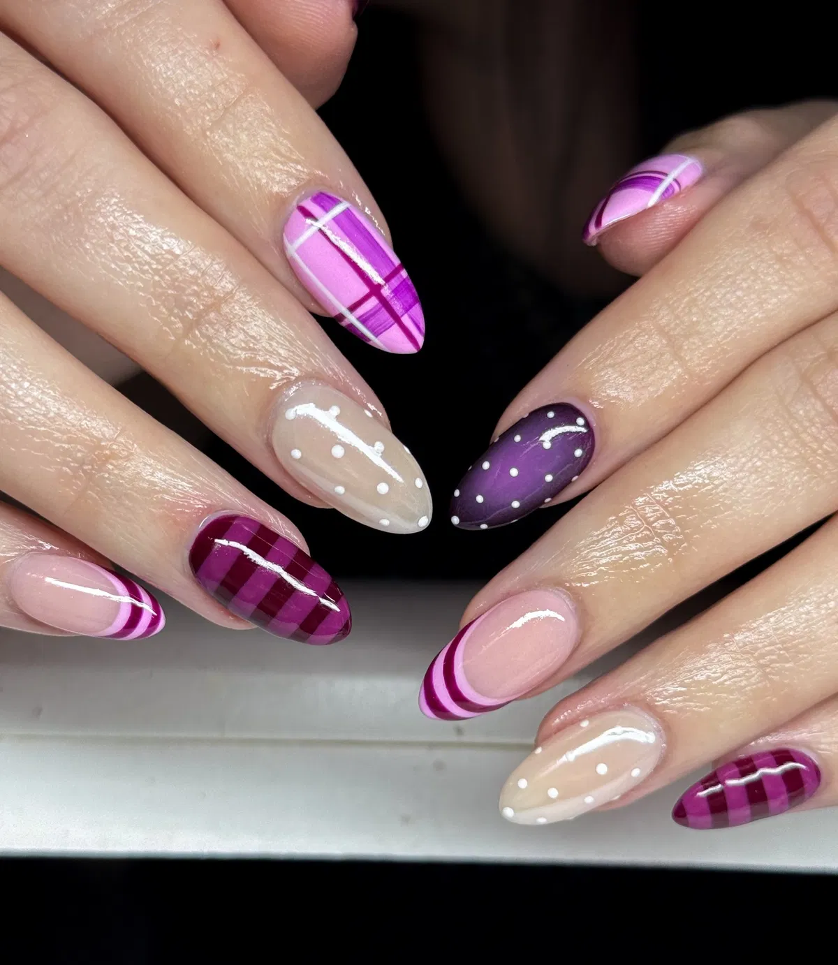 Mixed Plaid, Polka Dots, and Curved Stripe Details