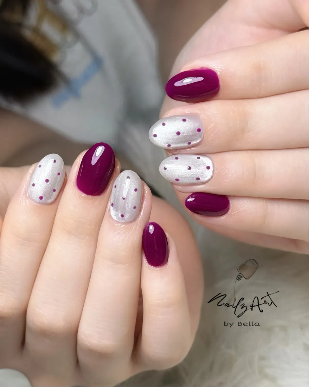 Plum Solids with Pearly Silver Polka Dots