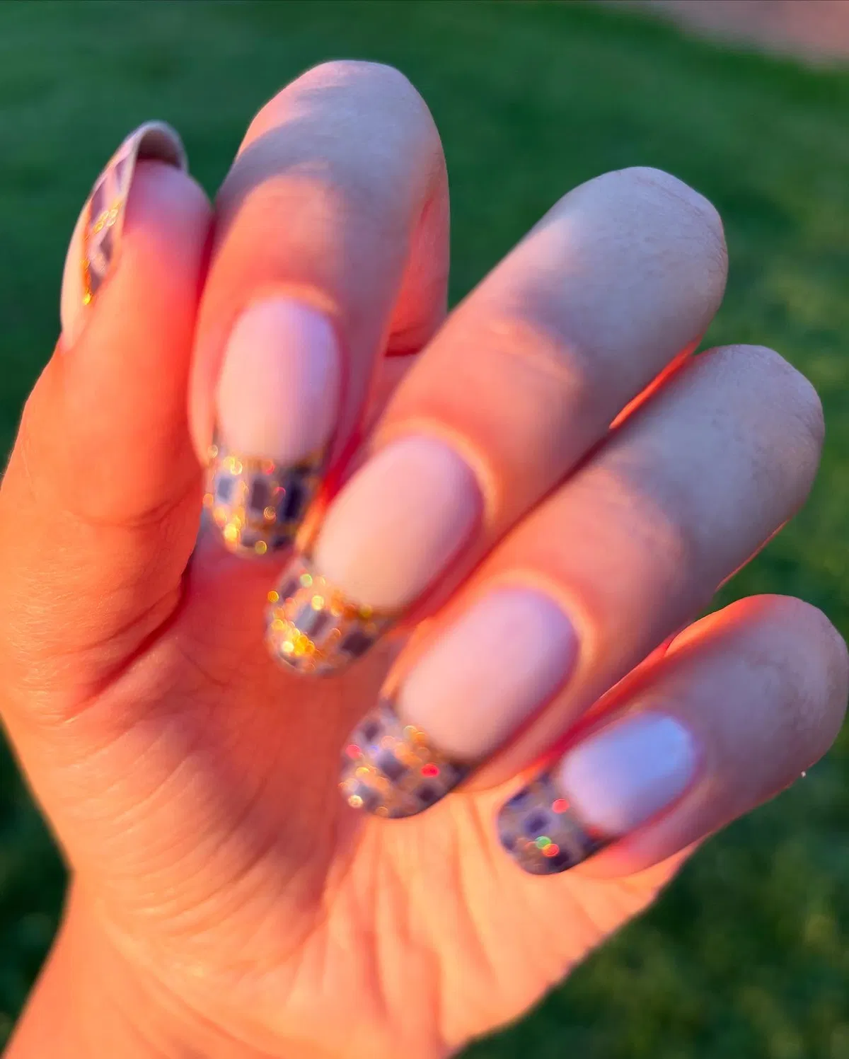 Nude Nails with Glittery Check Tips