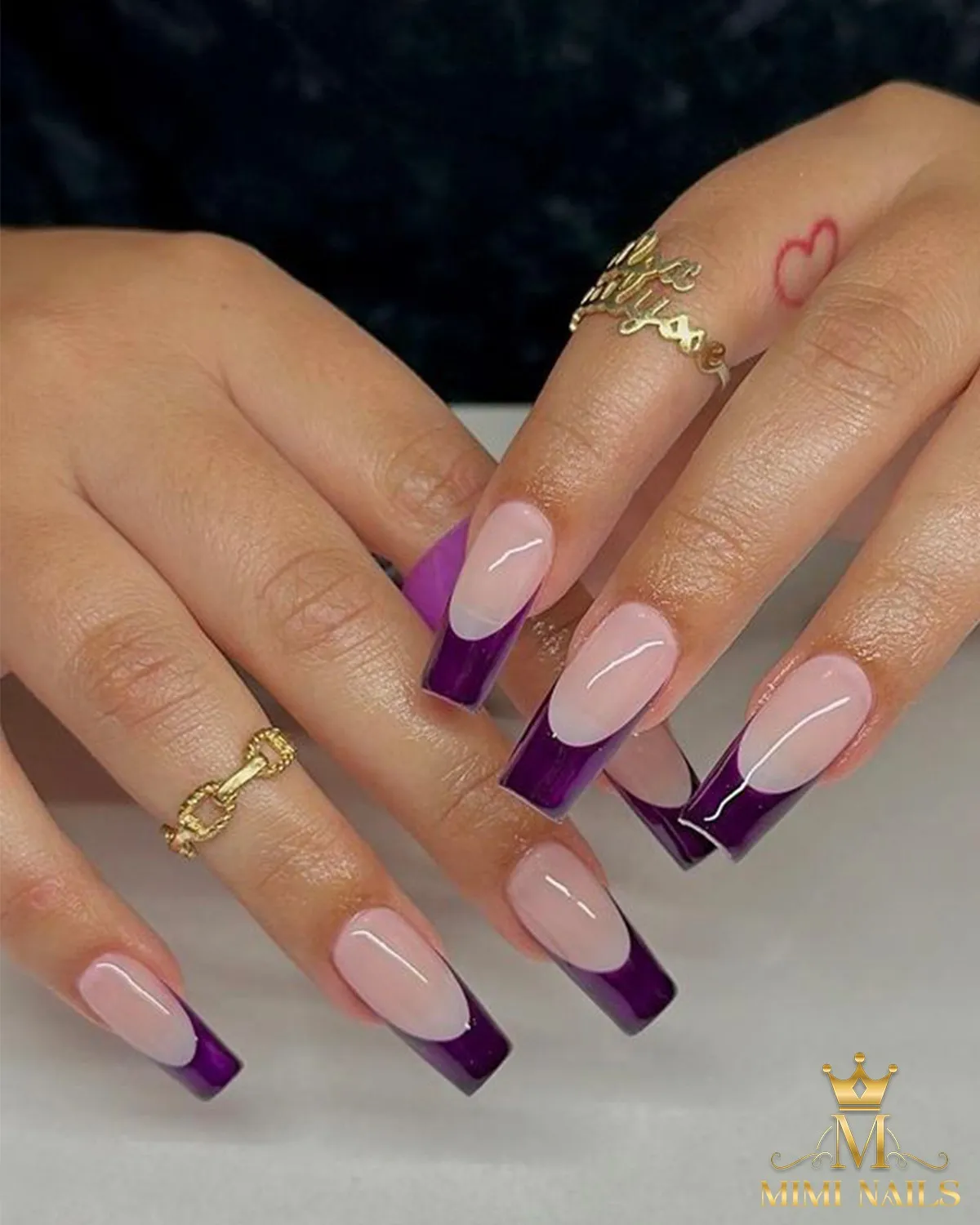 Long square deep-purple French tips (MIMI NAILS logo)