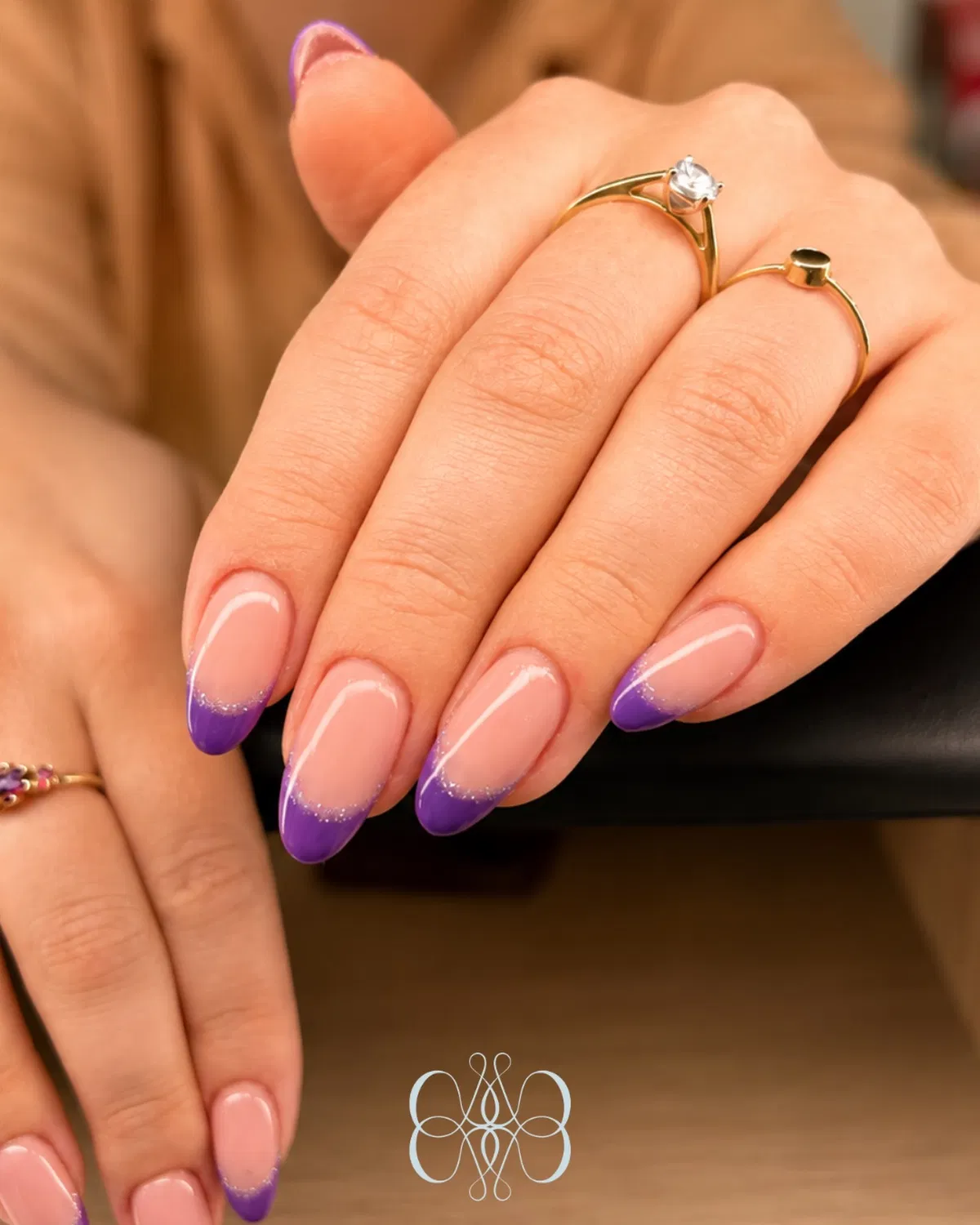 Purple French Tips with a Silver-Glitter Border