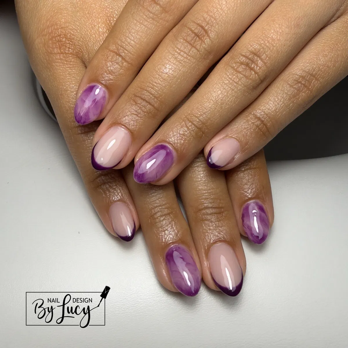 Thin deep-purple French lines with purple swirl accents