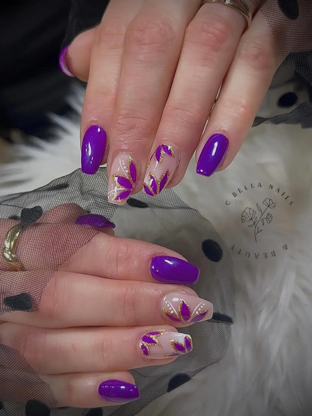 Bright purple with nude leaf accents and gold-glitter outlines