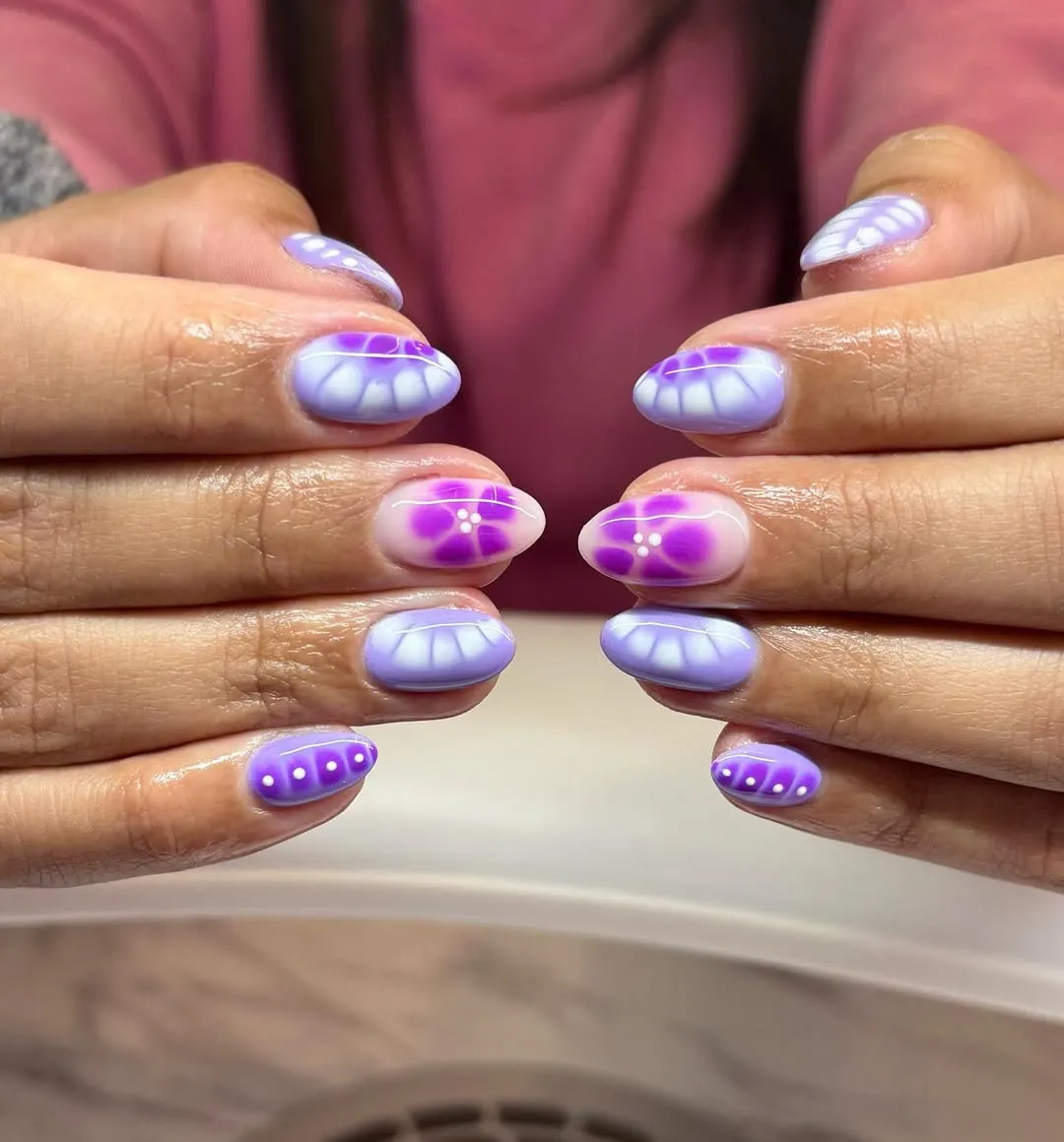 Lavender base with purple floral and line art