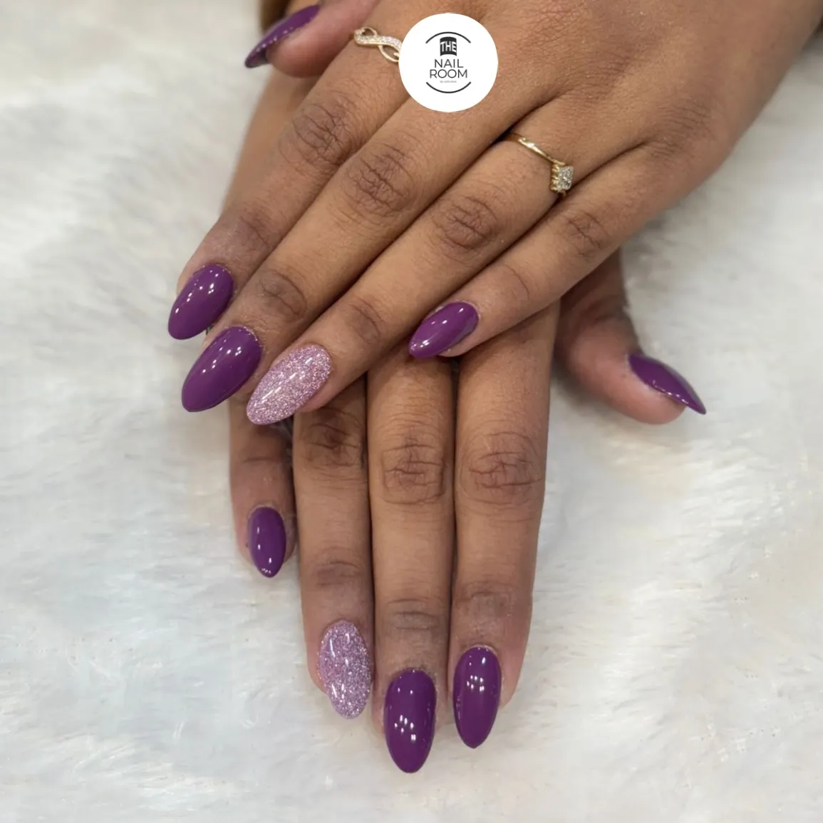 Glossy purple almonds with pink glitter accents