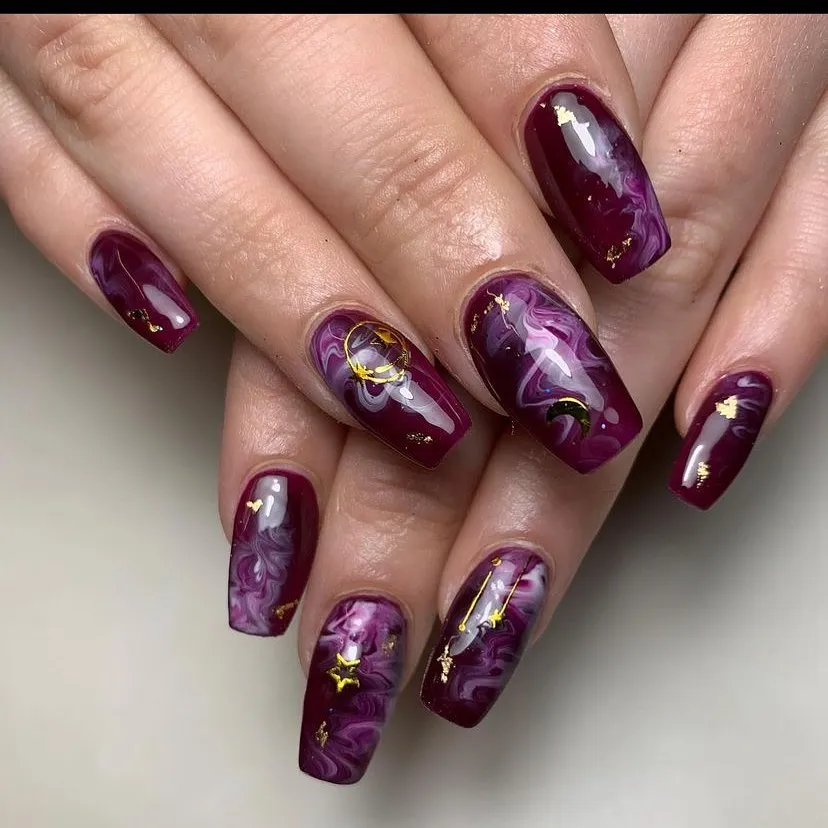 Plum marble swirls with gold stars