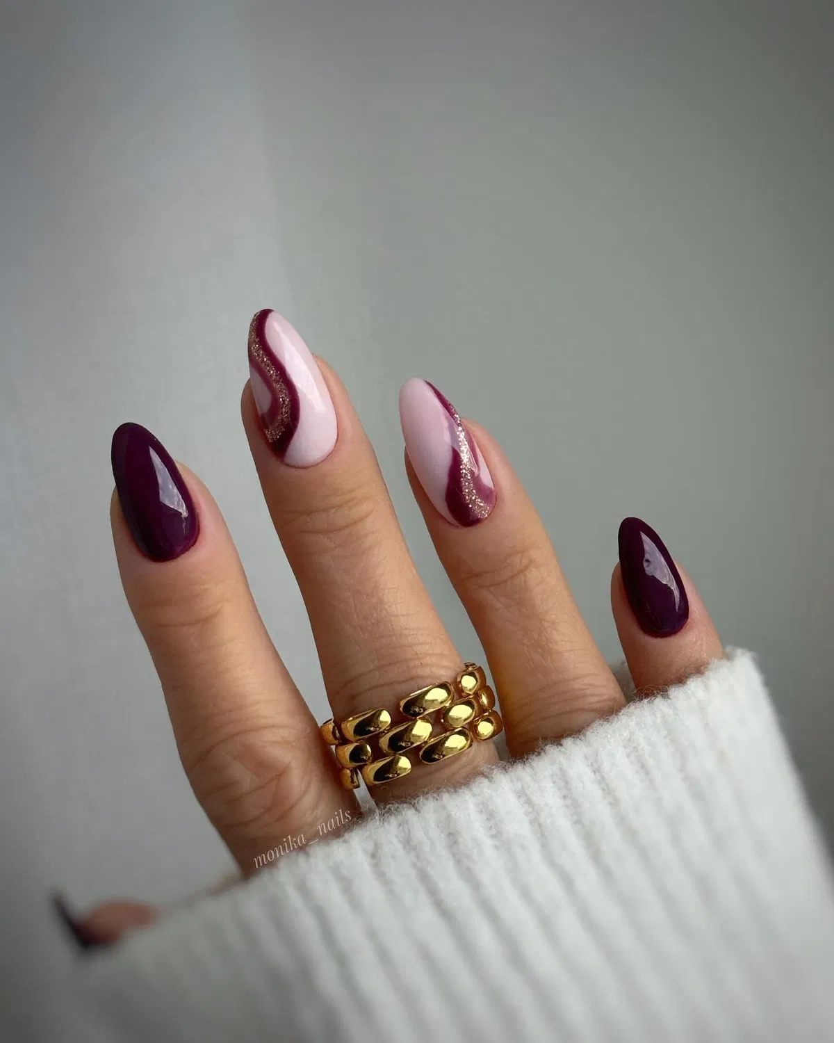 Plum solids with pink-and-plum wavy glitter accents