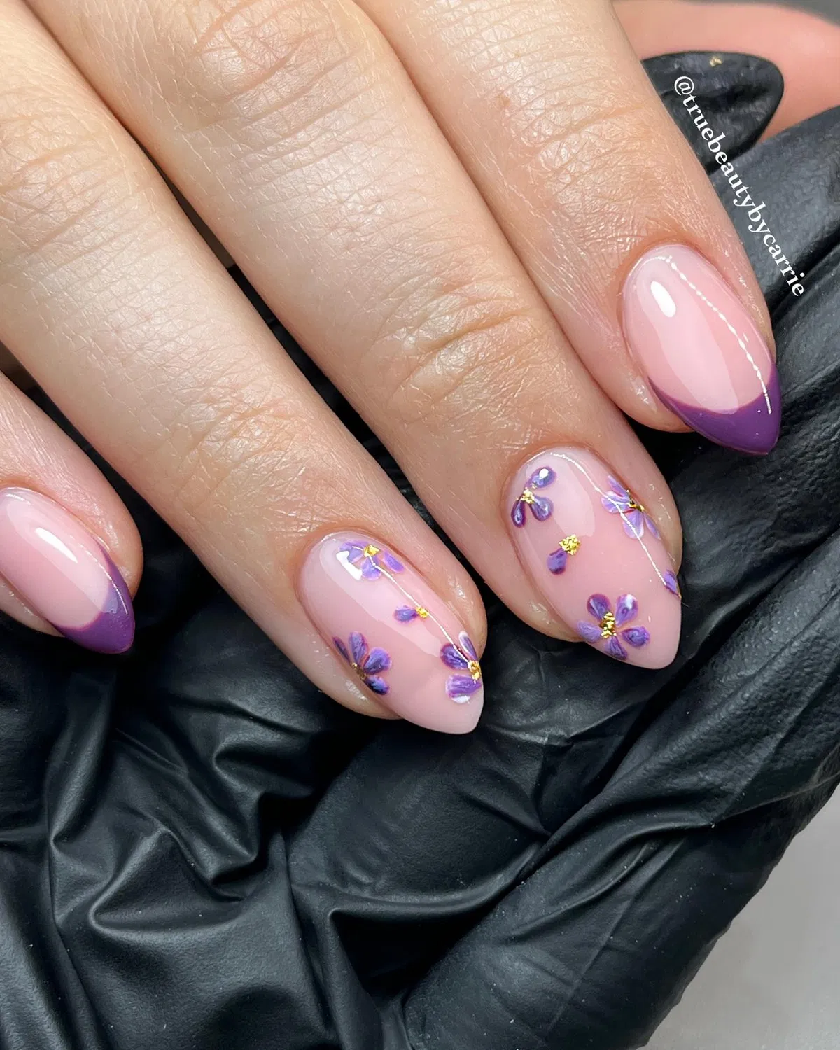 Pink base with purple tips and small floral accents