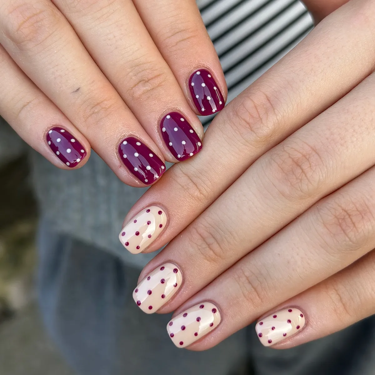 Plum and nude polka-dot mix with white drip lines