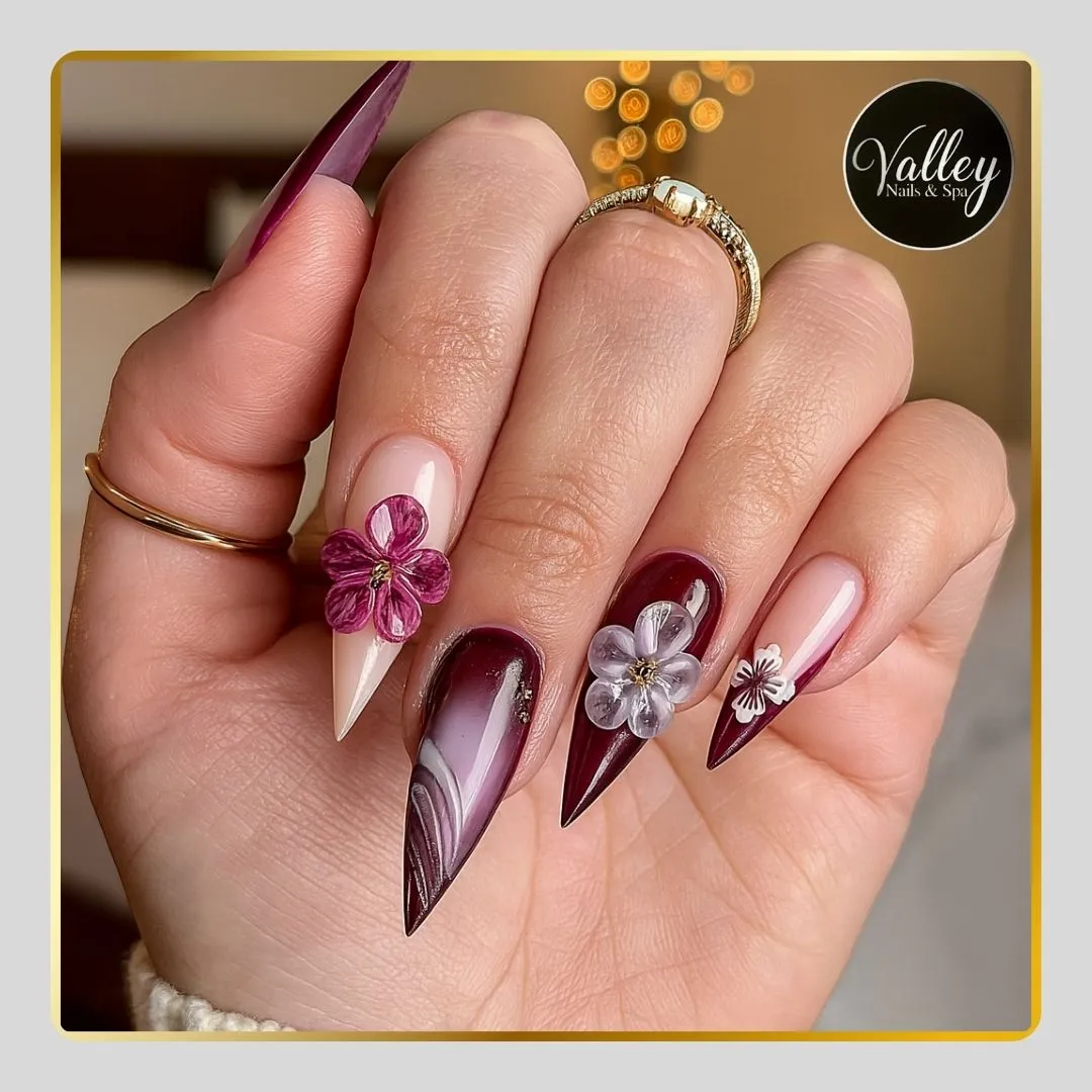 Stiletto wine-and-nude set with marbling and raised flowers