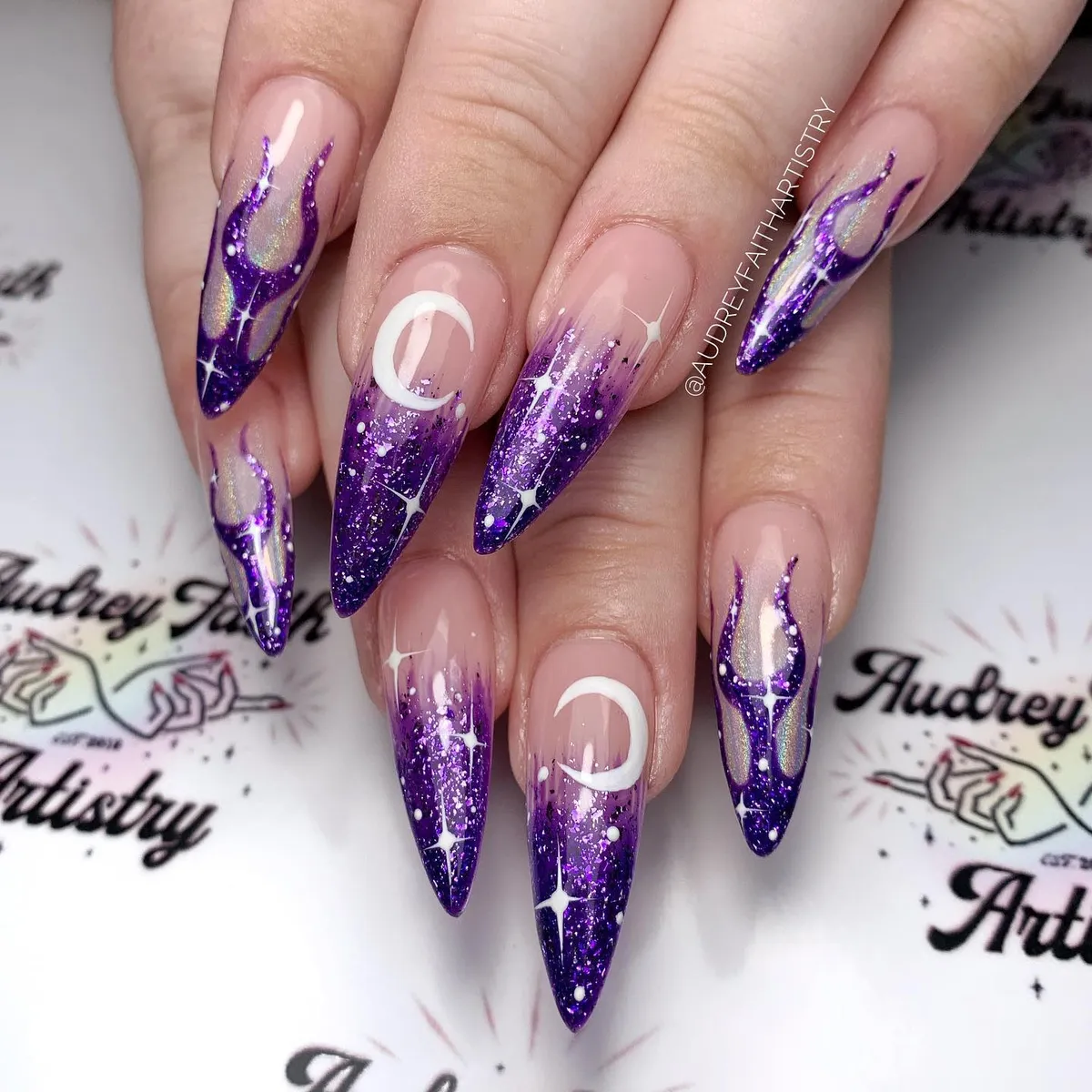 Purple galaxy gradient with crescent moons and sparkle stars