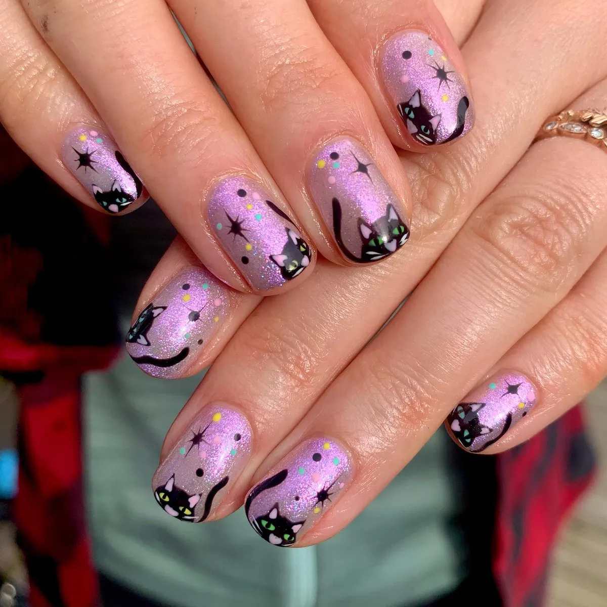 Shimmery lavender with black cats and confetti dots