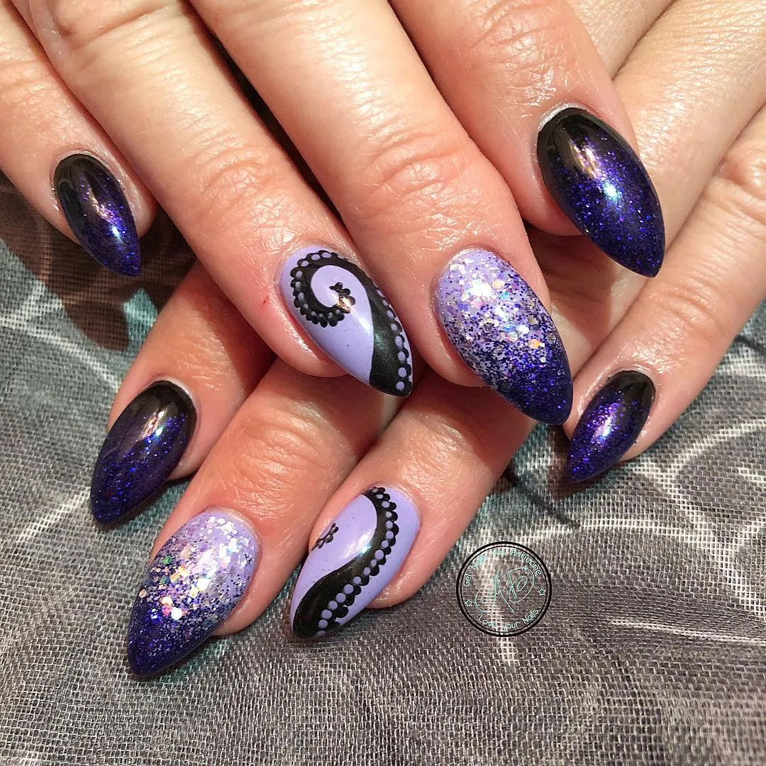 Dark purple shimmer with lavender-and-black tentacle curves