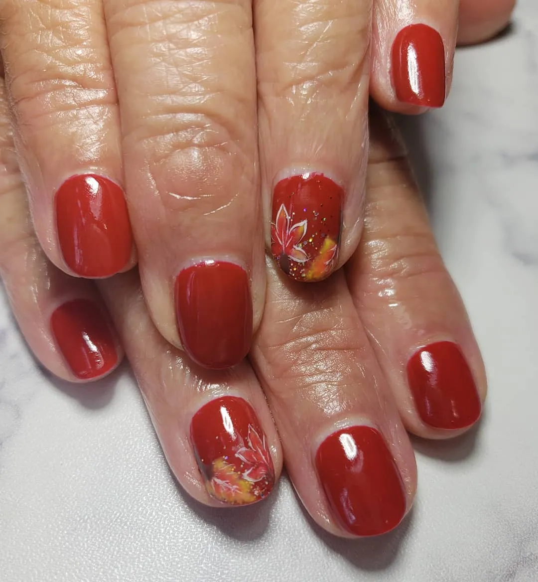 Glossy red with leaf-outline accents