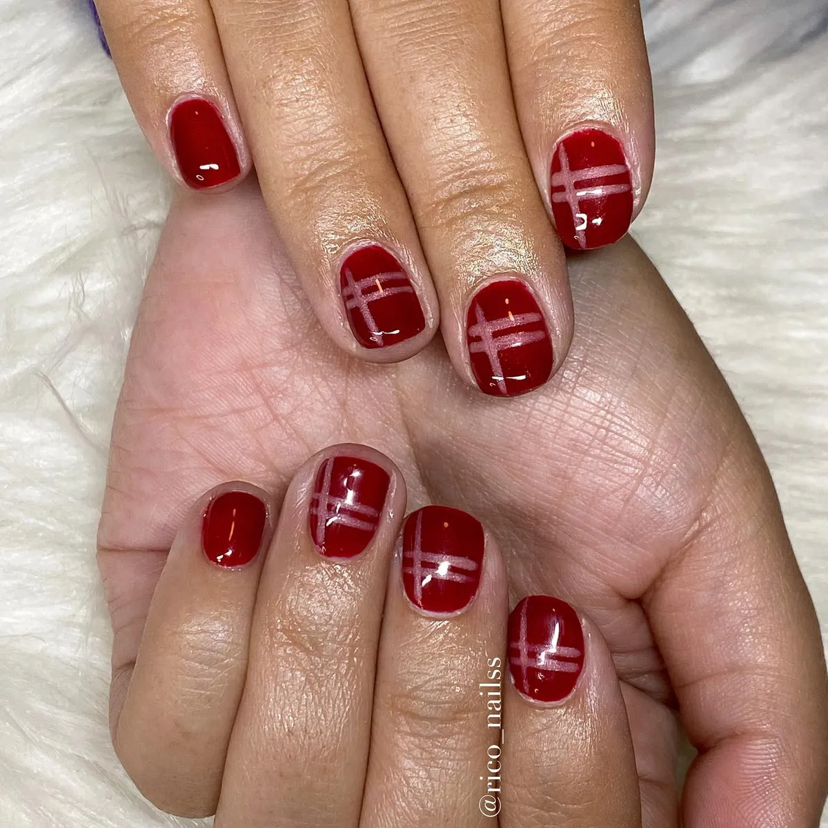 Glossy deep red with minimal plaid lines