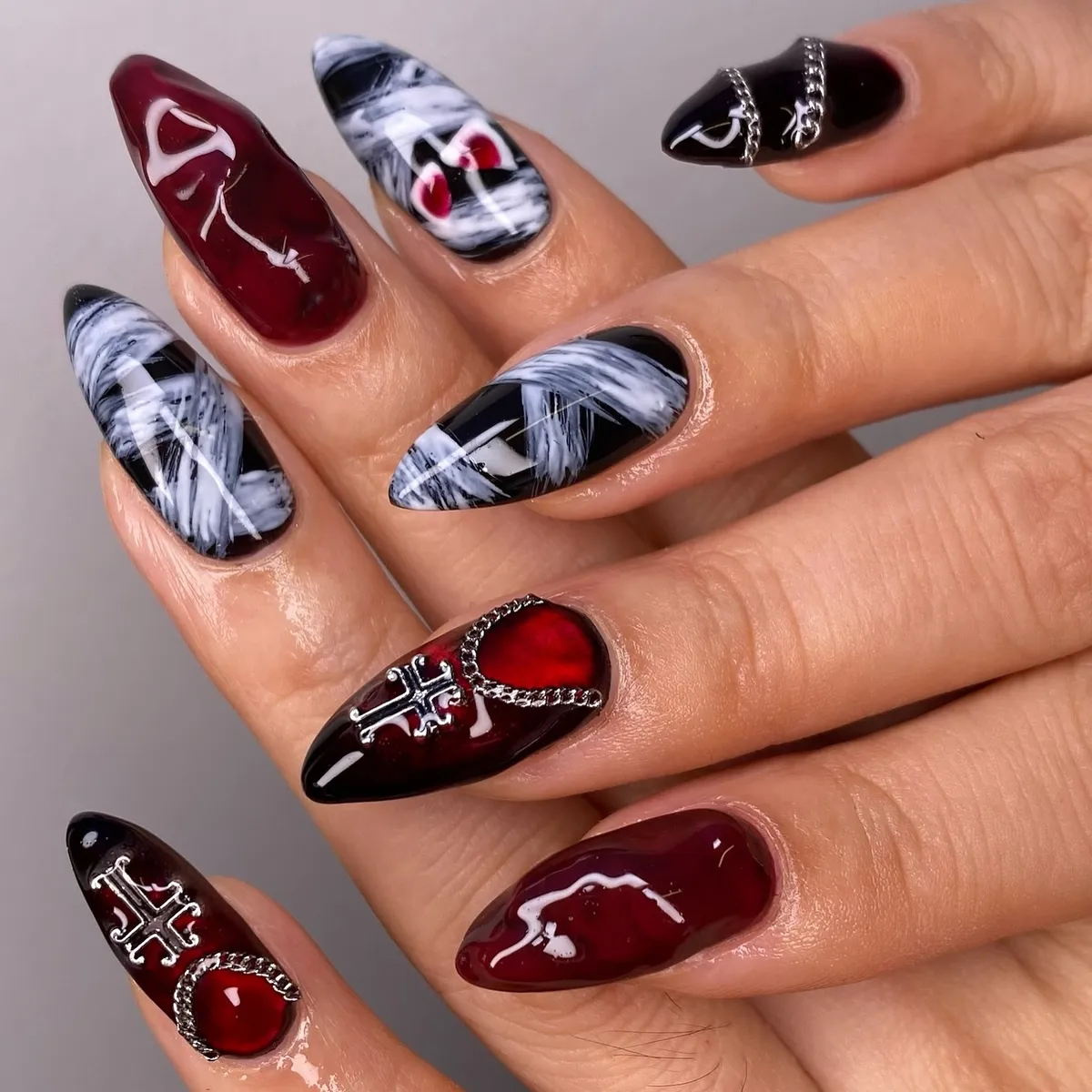 Graphic red set with webs, fangs, and icons