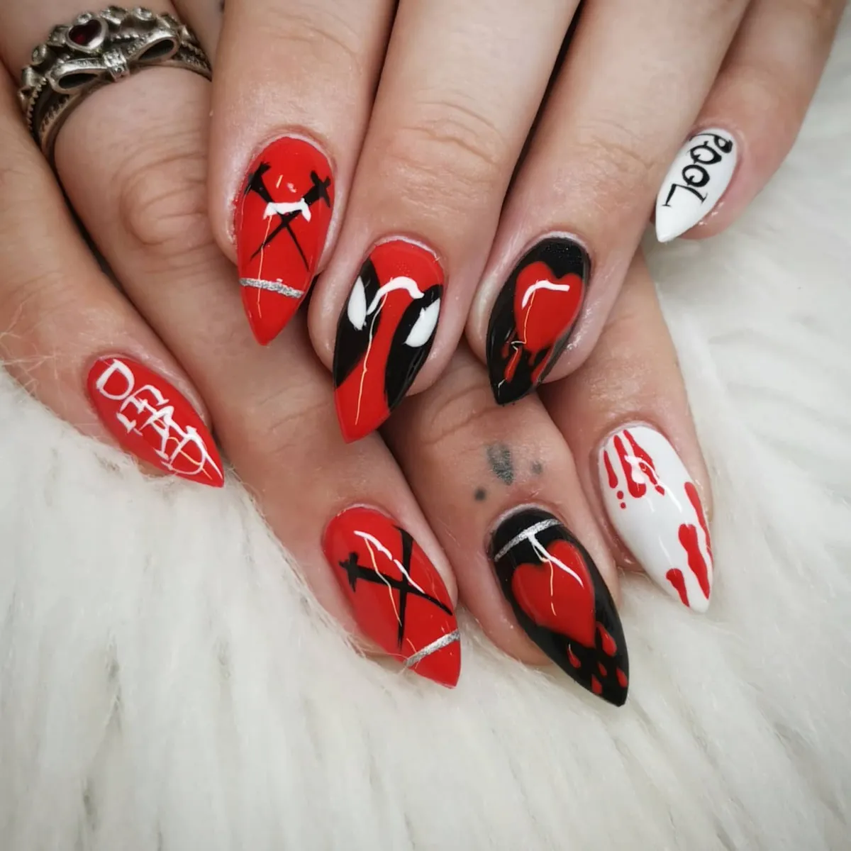 Red/black hearts with “BOO” and “DEAD” text