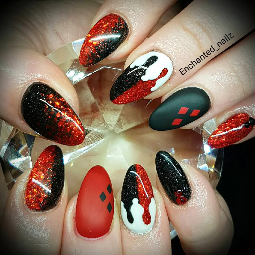Red glitter and matte diamond accents