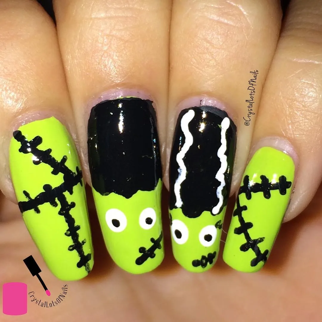 Neon green with stitches and eyes