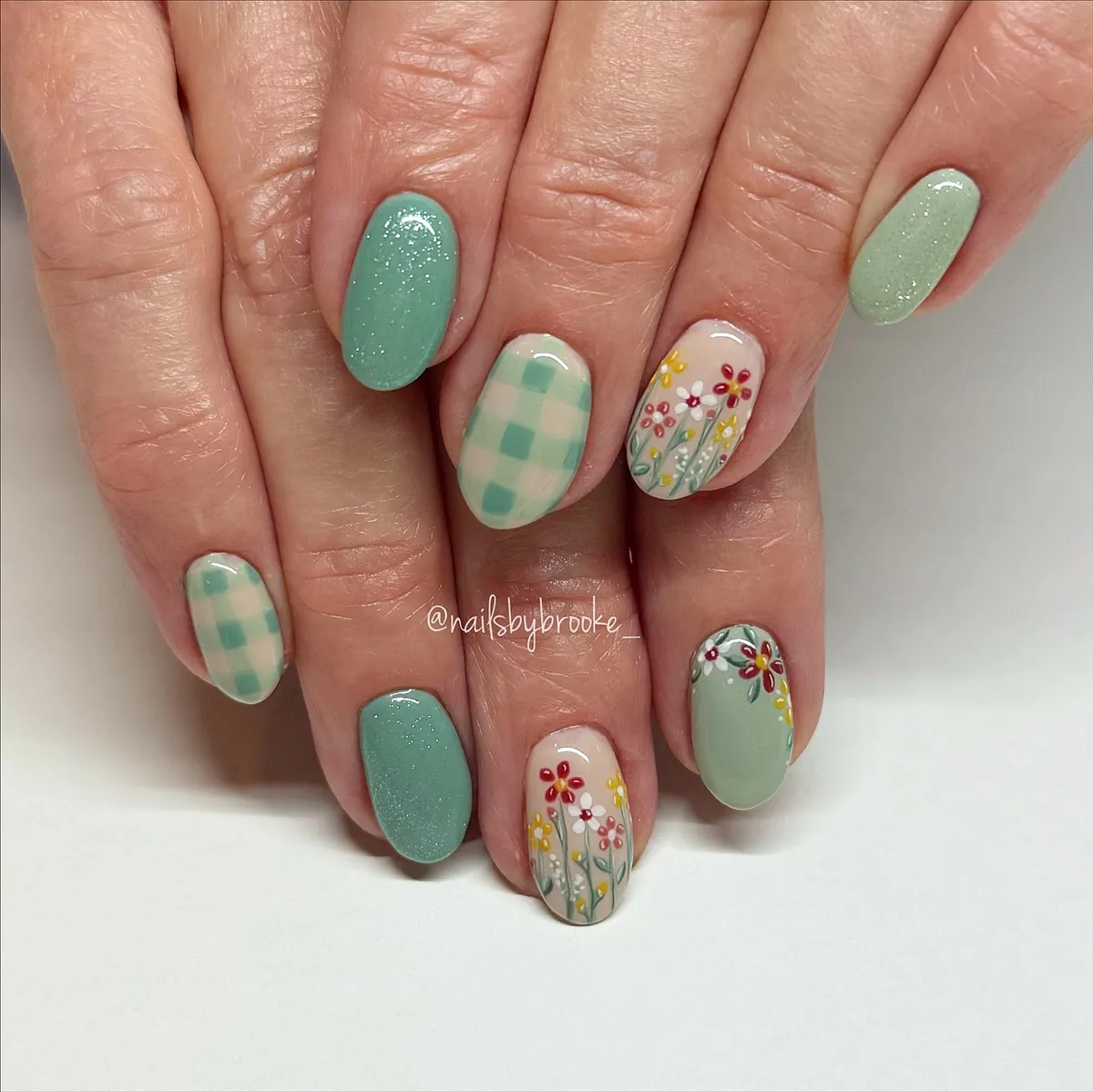 Teal-green with gingham and small floral accents