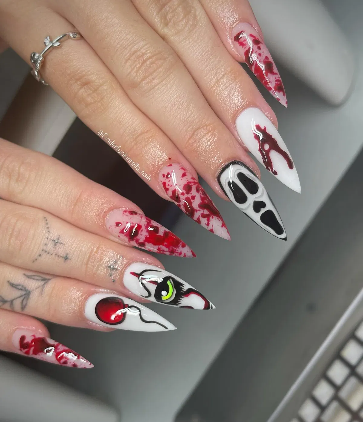 Stiletto set with red splatter and graphic face/eye accents