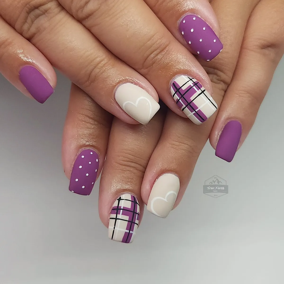Matte purple mix with hearts, dots, and plaid