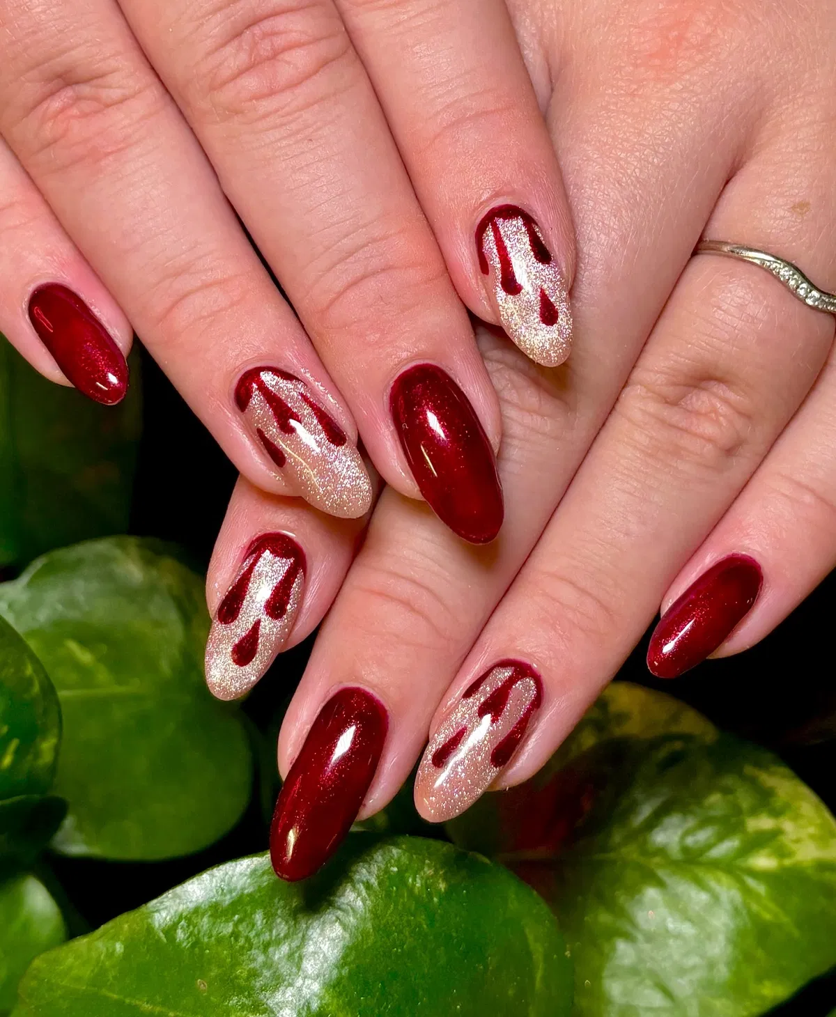 Deep Red with Gold Shimmer Drip Accents