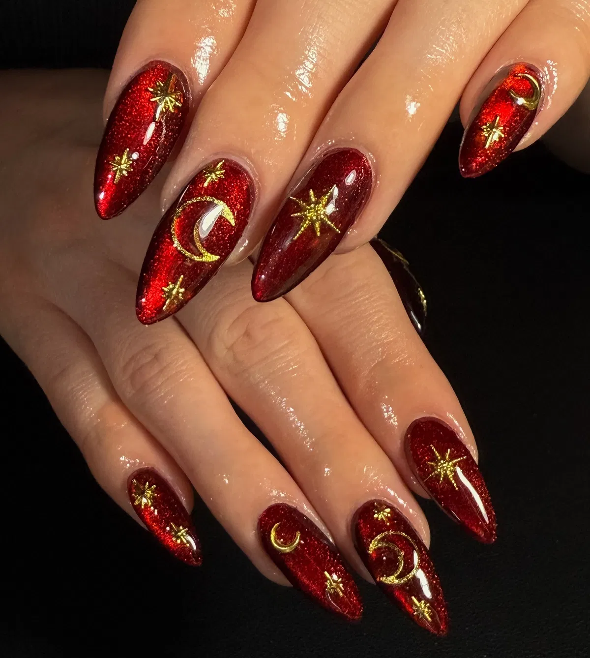 Red Glitter with Gold Moons and Stars