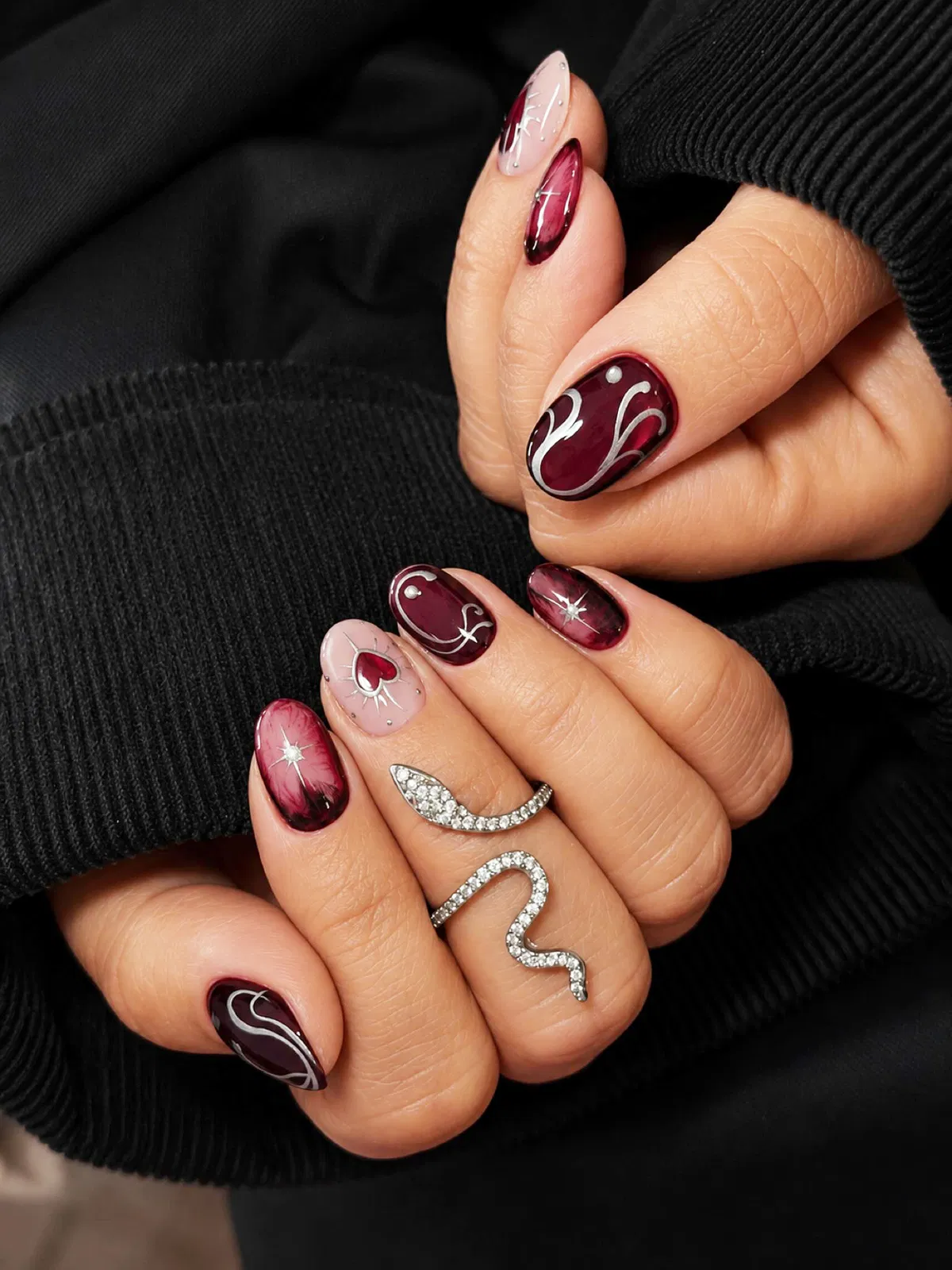 Burgundy and nude set with white line art and starbursts