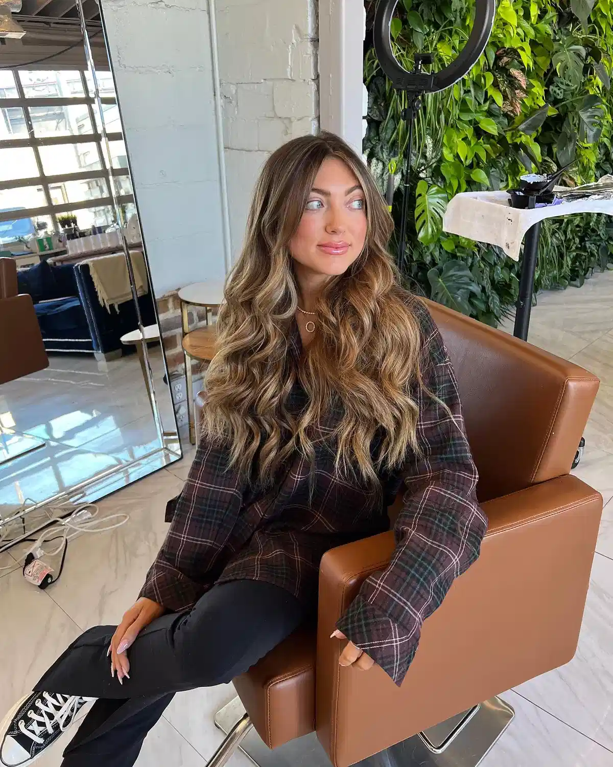 Highlighted Brunette Waves in Plaid