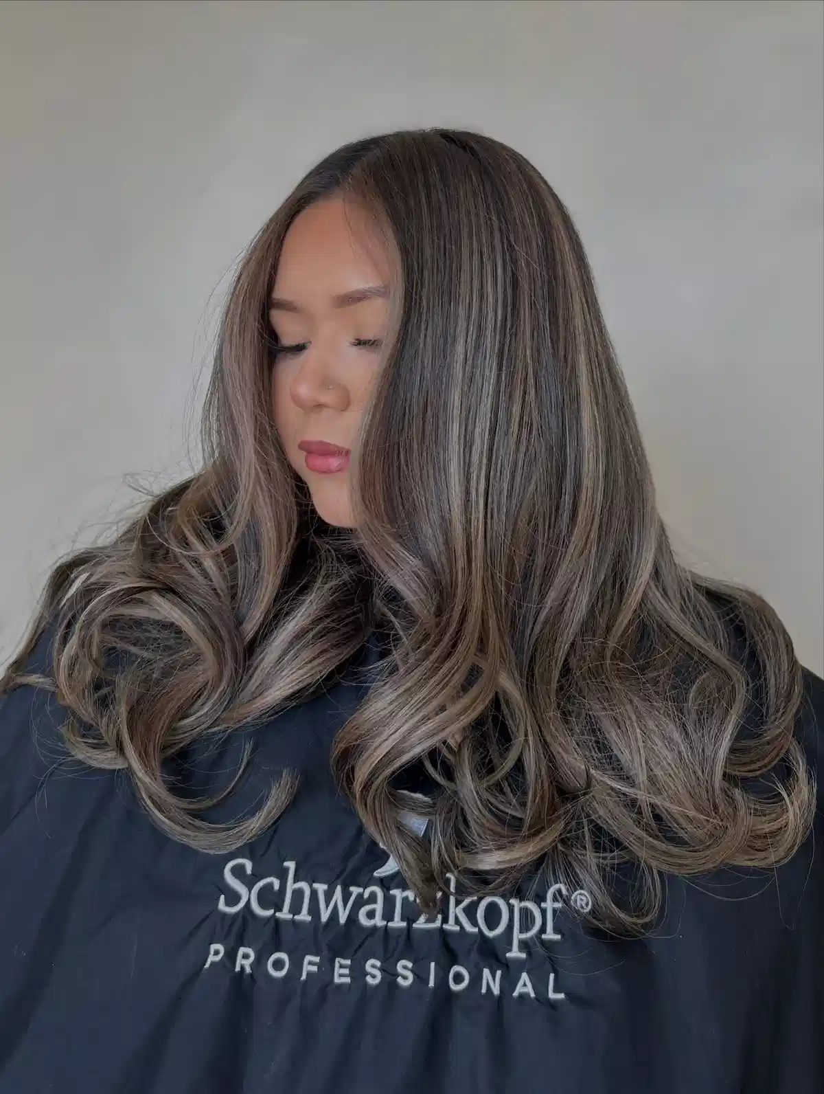 Dark Brunette with Cool Highlights (Salon Cape Text)