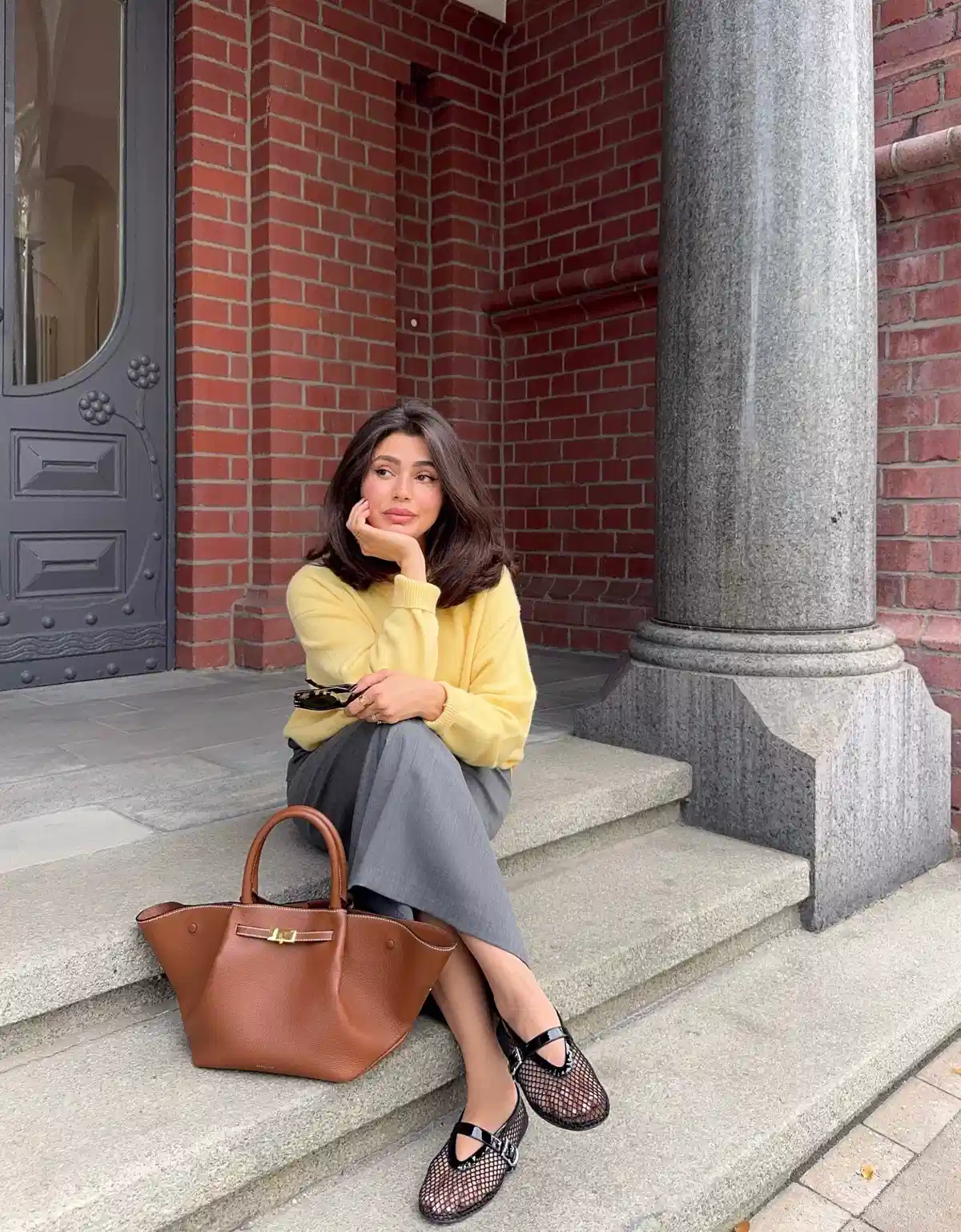 Yellow Sweater with Gray Trousers and Mesh Mary Janes