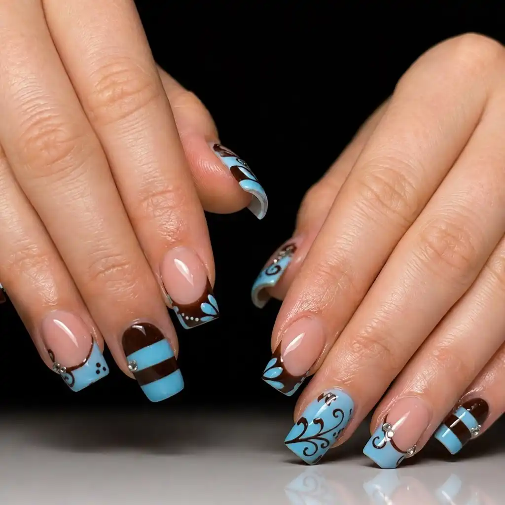 Blue-and-brown banded tips with floral and swirl accents