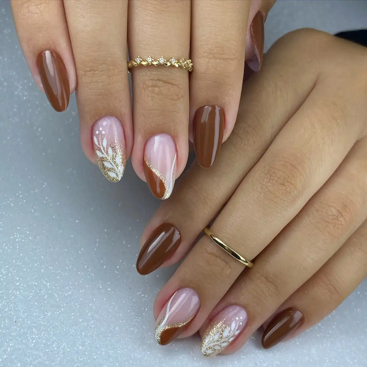 Medium brown with pink-and-gold accents