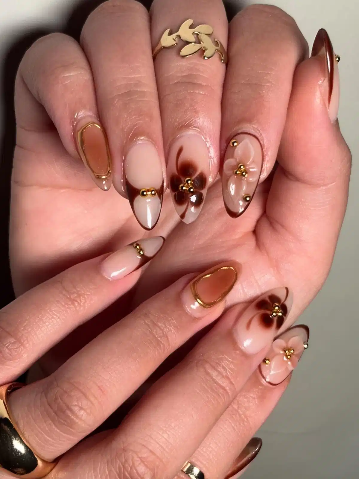 Nude and Brown with Floral Embellishments